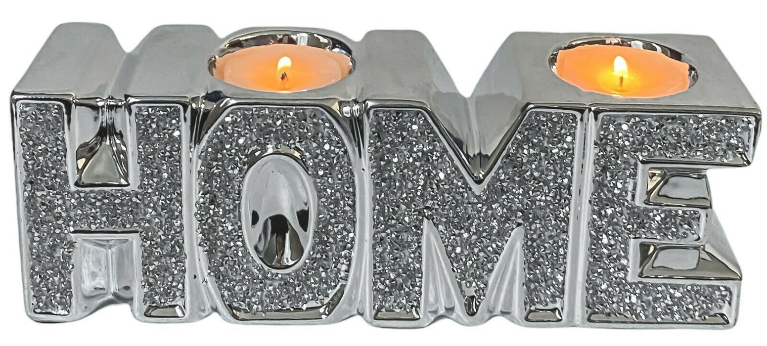 Home Tealight Ornament Silver Crushed Diamond Sparkle Design Tea Light Holder
