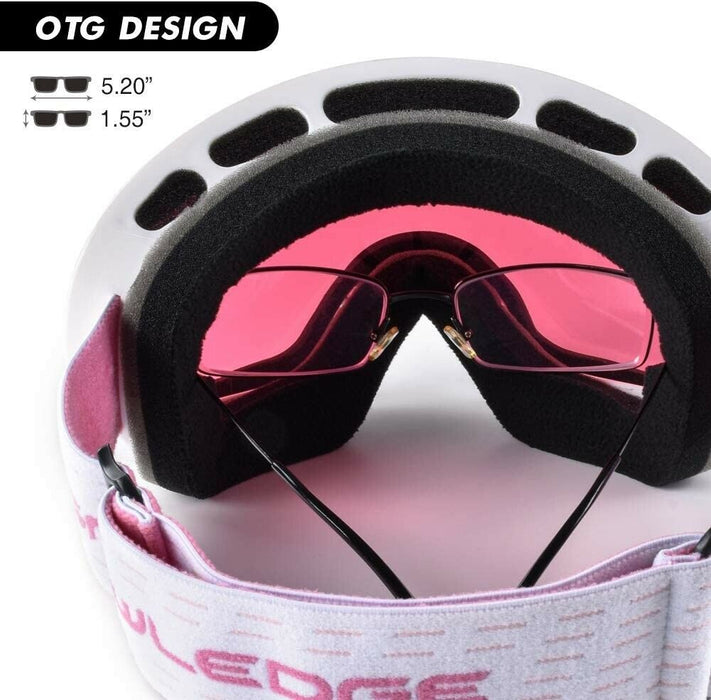 OTG Ski Goggles Adults Men Women with UV Protection, Anti-Fog Dual Lens Pink