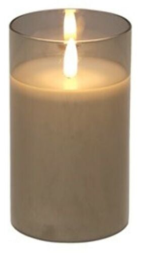 Led Pillar Candle Grey 12.5cm Tall Real Wax Glass Candle Holder