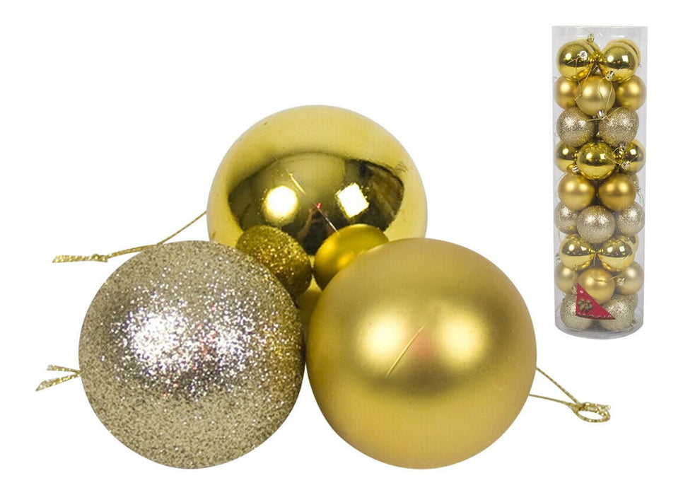 Pack of 36 Shatterproof Baubles, Gold | 6cm (2.36”) Large Outdoor / Indoor Christmas Decorations | Shiny, Matt & Glitter Hanging Xmas Tree Ornaments