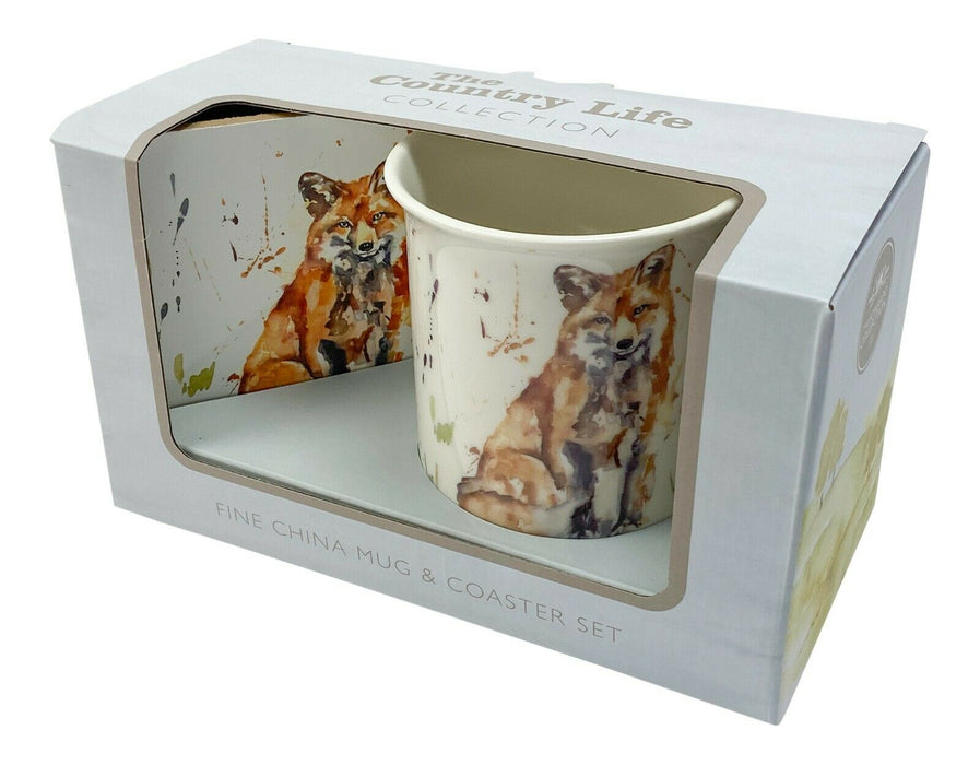Set Of 4 Leonardo Fine China Large Mugs & Coaster Gift Set Country Fox Theme