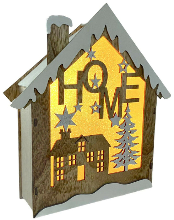 LED Wooden Christmas House Light Up Snowy Home Ornament Festive Window Display