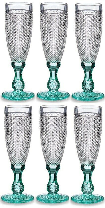 Green Tint Stem Glasses Tall Champagne Flutes 180ml Cocktail Glasses Cut Glass
