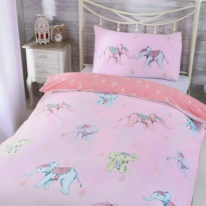 Pink Bedding Set Elephant Print Single Bed Childrens Duvet & Pillowcase Set