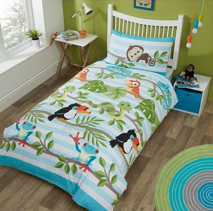 Childrens Duvet Cover - Single Cotton Blue Bedding Set Rainforest Animals Bedset