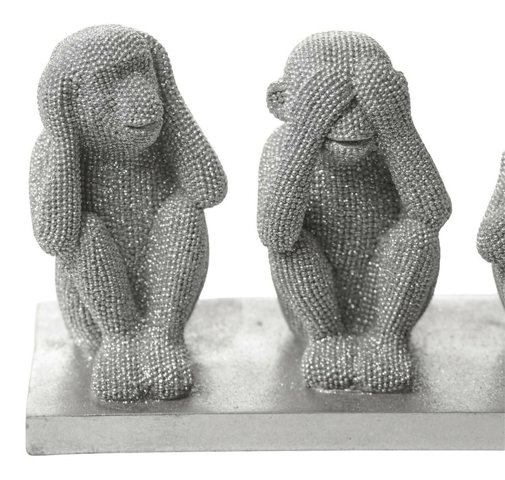 3 Wise Monkey Ornament Animal Chimp Figurine See Speak Hear No Evil Silver Resin