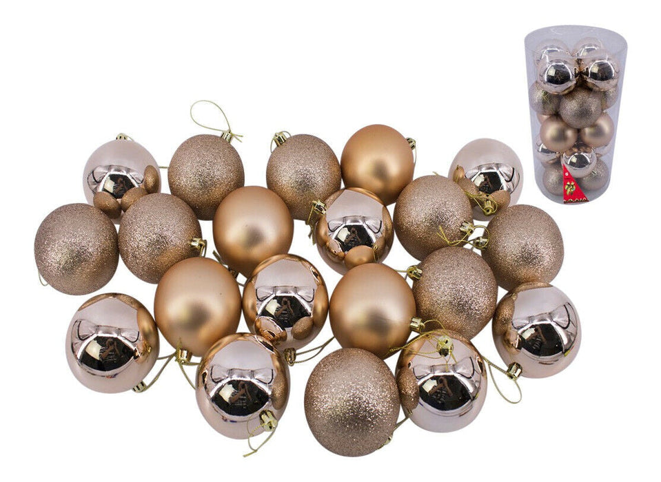 20 Pack of Shatterproof Baubles,  Rose Gold | 8cm/3.15” Christmas Tree Decorations | Shiny, Matte & Glitter Finish