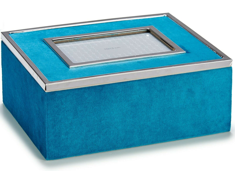 Teal Blue Velvet Rectangular Jewellery Box With Personalised Photo Frame Cover