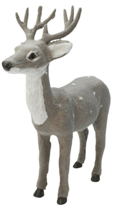 Fuzzy Grey Christmas Reindeer Figurine Soft Standing Deer Ornament Winter Stag