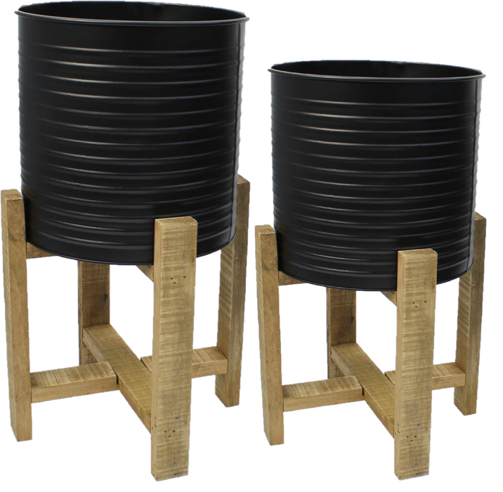 Set of 2 Raised Metal Planters On Stand Black Rippled With Wooden Feet