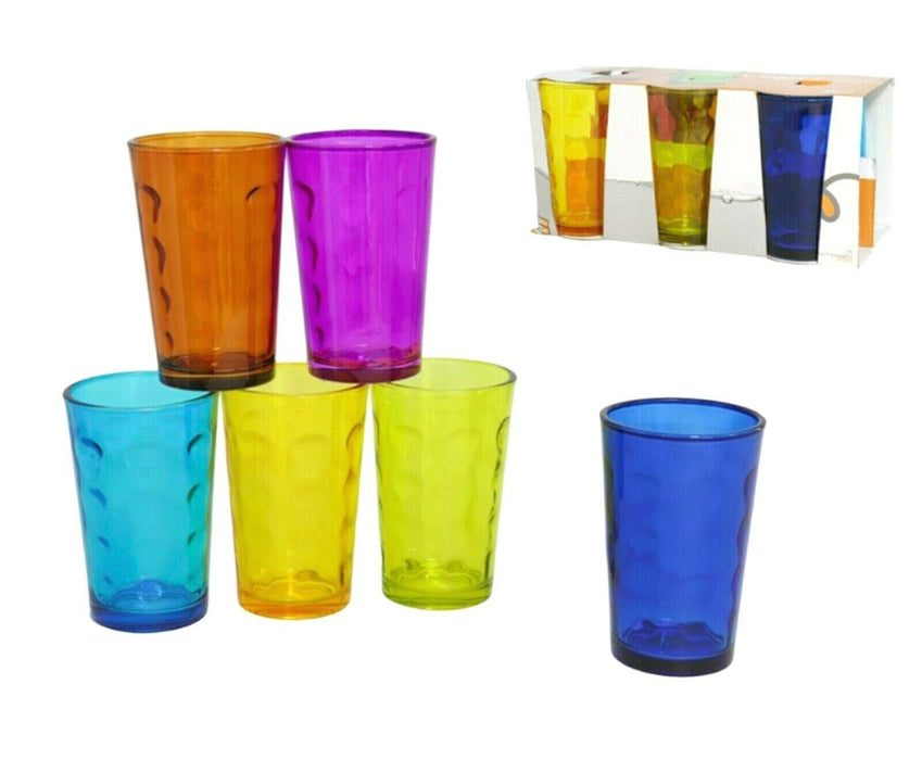 Set Of 6 Glass Tumblers Assorted Colours Stackable Juice Water Glasses 237ml