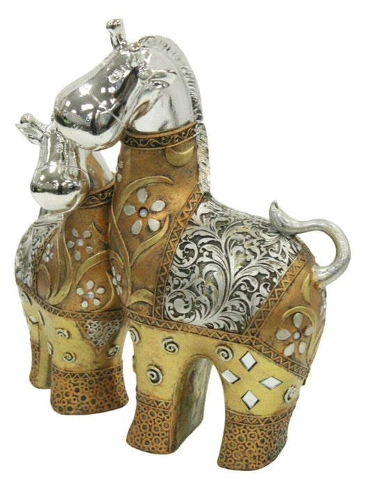Gold And Silver Cow & Calf Figurine - Adult And Child Standing Resin Ornament