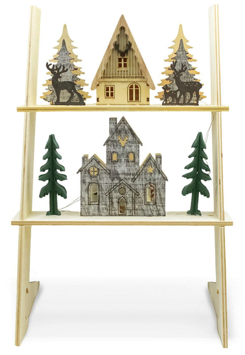 Wooden Light-Up Christmas Ladder, Illuminated Village Houses 6x Warm White LEDs