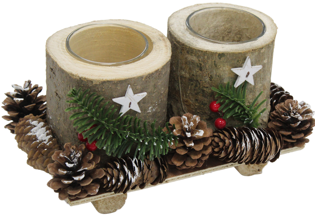 Large Pillar Candle Holder Real Wood With Christmas Berries & Cones Handmade
