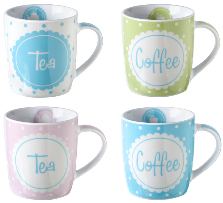 Set of 4 Pink Blue & Green Polka Dot Spotted Design Large Coffee/Tea Mugs.