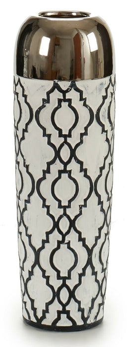 30cm Tall Round Ceramic White & Silver Decorative Flower Vase Ethnic Design