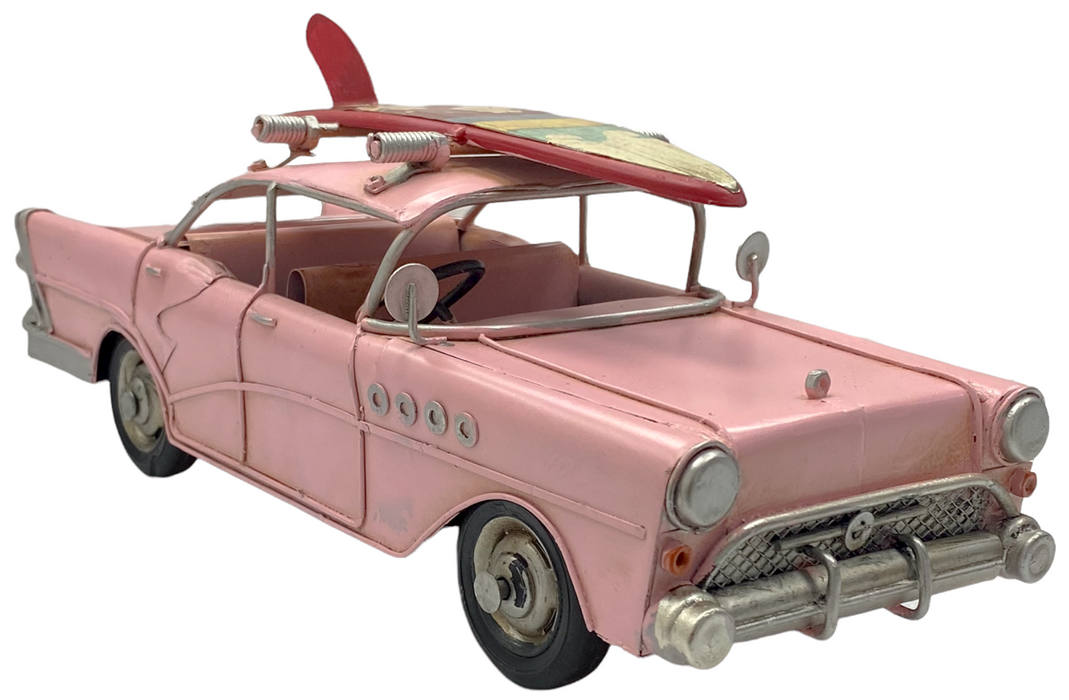 Pink Vintage Car With Surf Board Metal Retro Style Model Surf Car Shelf Ornament