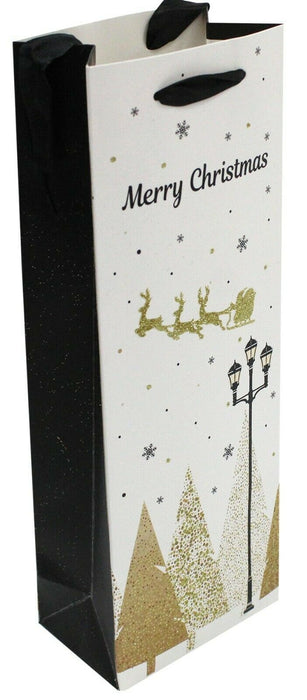 Set Of 6 Wine Bags Santa White & Gold Christmas Gift Wine Bag Ribbon & Glitter