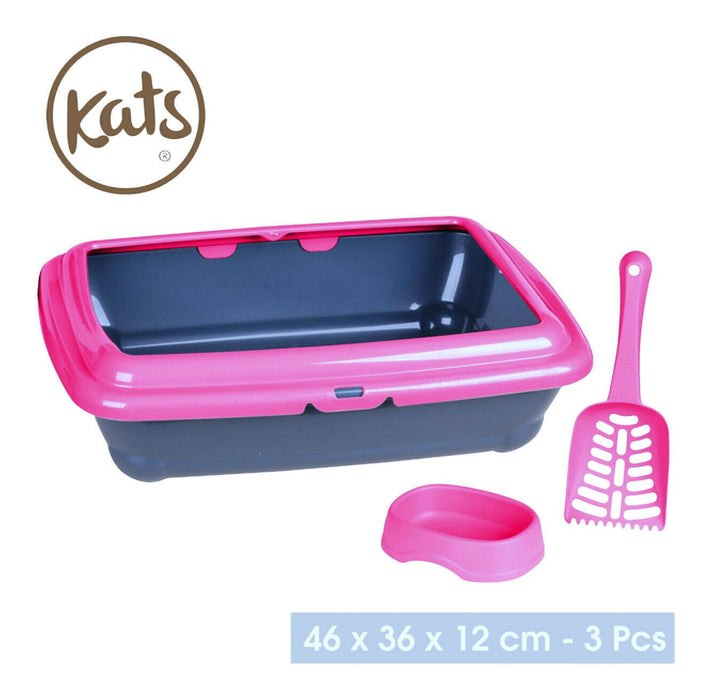 Cat Litter Tray With Scoop And Feeding Bowl Large Cats & Kittens With Rim 2 Tone