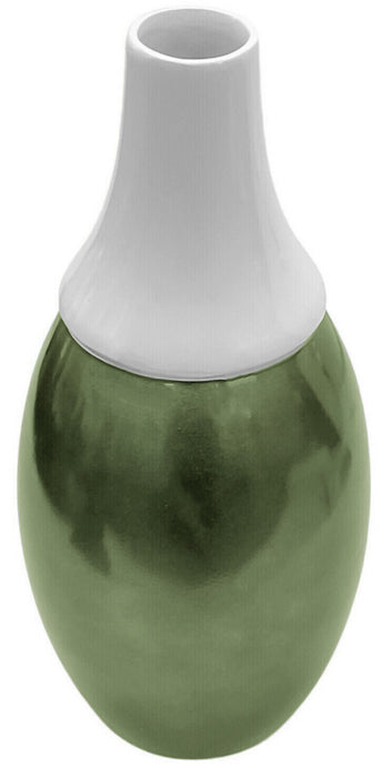 30cm Tall Ceramic Flower Vase Two Tone White & Green Decorative Bottle Neck Vase
