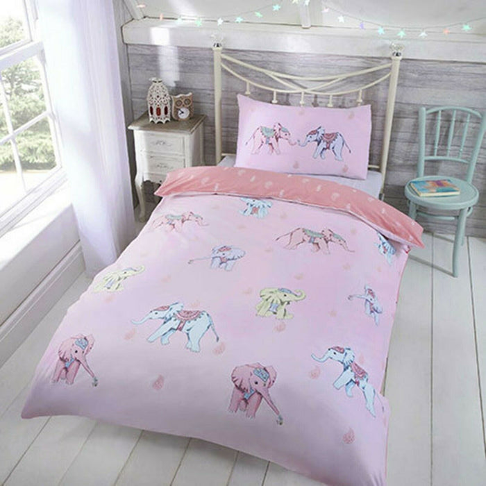 Childrens Duvet Cover - Single Cotton Easy Care Pink with Elephants Bedding Set