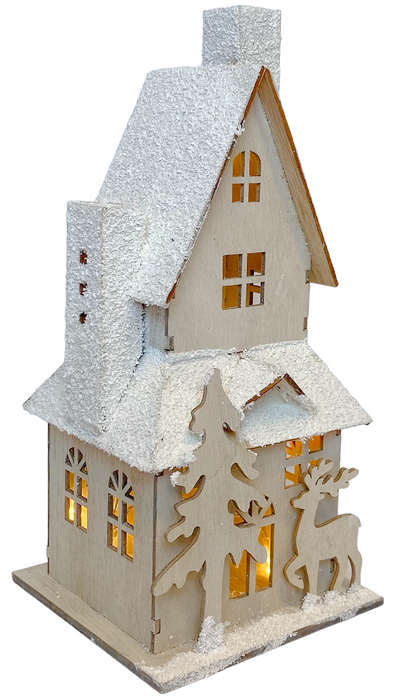 Wooden LED Light Up White Christmas House Ornament, Frosted 29x13cm (11.4x5.1")