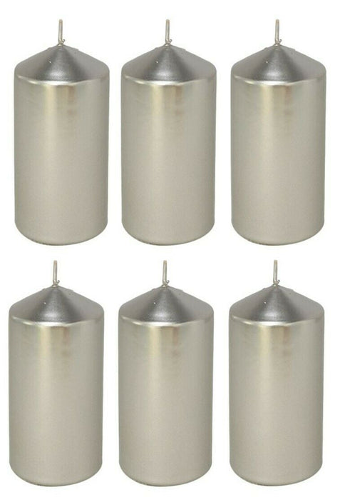 Silver Pillar Candles - 6 Pack Shiny Long Burning Unscented Wax Wedding 12.5cm