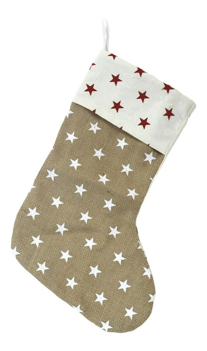 Christmas Stocking Rustic - Neutral Jute Star Print Traditional Décor Gift Santa