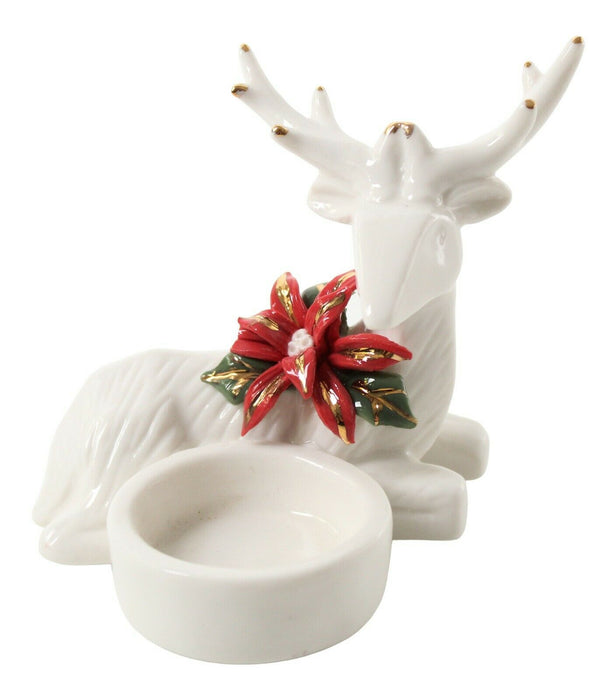 Christmas White Reindeer Tea Light Rudolph Candle Holder Poinsettia Decoration