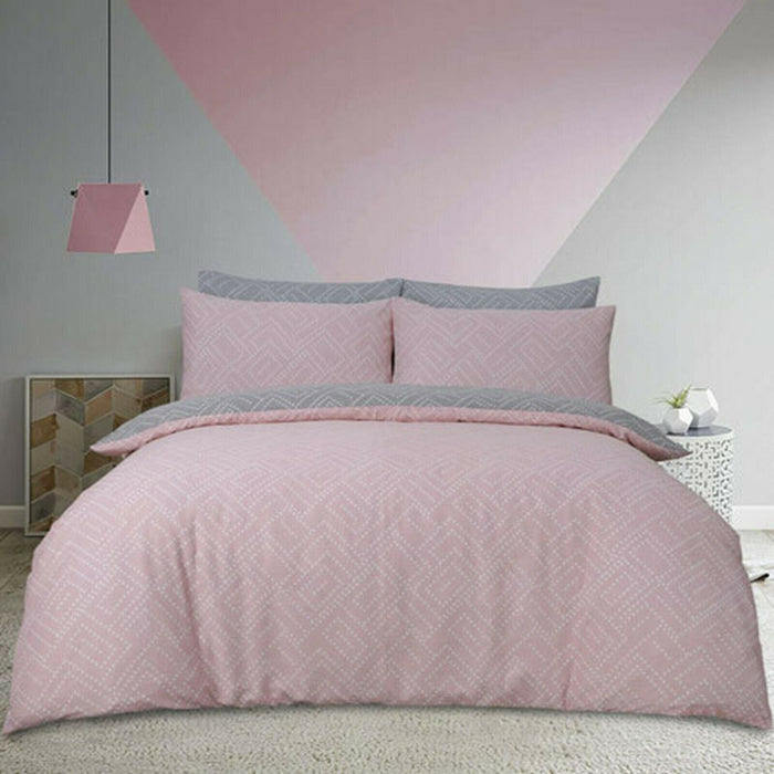 Duvet Cover Set - Double Size Cotton Geometric Dots Pink Grey Bedset Reversible