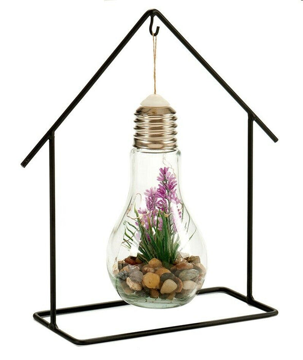 Artificial Plant In Hanging Glass Bulb Lavender Plant & Pebbles With Metal Frame