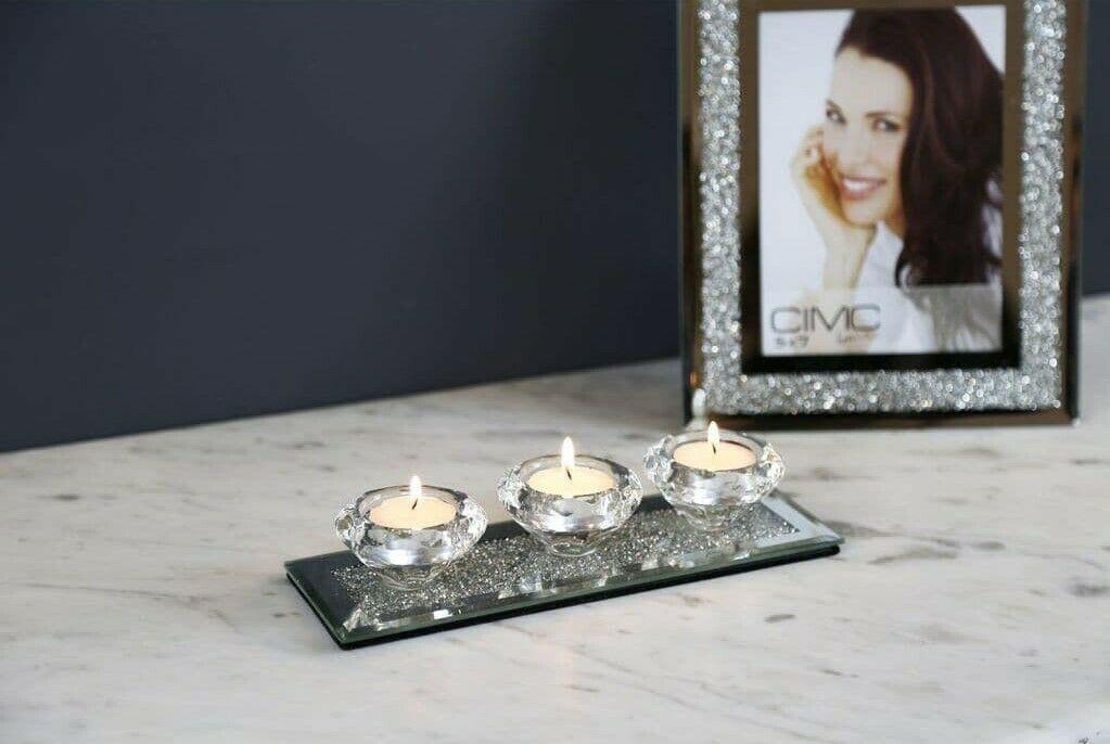 Crystal Glass Tea Light Candle Holder 3 Candle Mirrored Crushed Diamond Effect