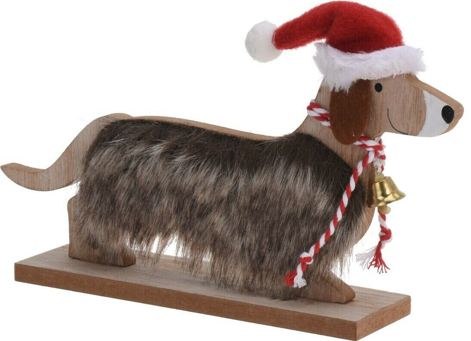 Wooden Christmas Decoration - Dog With Fur Freestanding Shelf Sitter Ornament