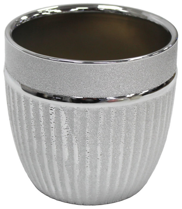 Round Shiny Silver Plant Pot Smart Ceramic Striped Planter Medium Flower Pot