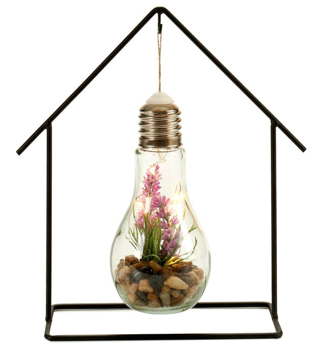 Artificial Plant In Hanging Glass Bulb Lavender Plant & Pebbles With Metal Frame