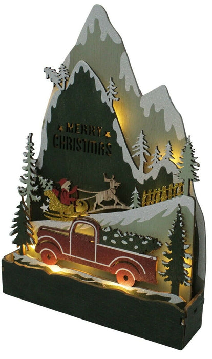 LED Wooden Christmas Mountain Scene Xmas Light Up Ornament Festive Antique Setti