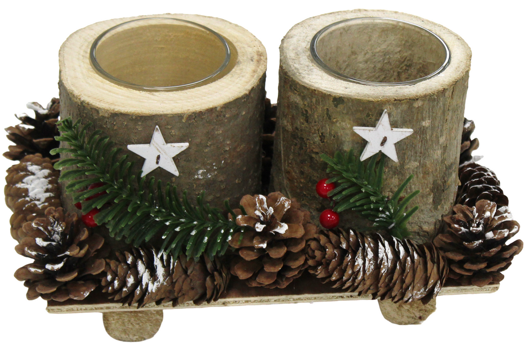 Large Pillar Candle Holder Real Wood With Christmas Berries & Cones Handmade