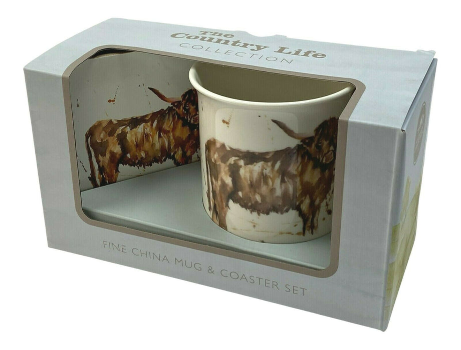 Set Of 4 Leonardo Fine China Large Mugs & Coaster Gift Set Country Bull Theme