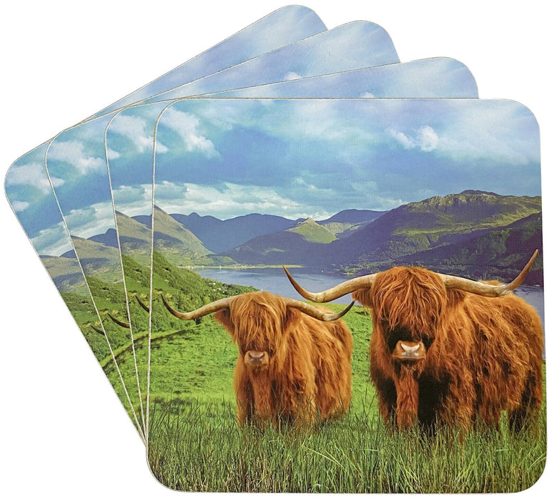 Set Of 4 Cork Back Coasters Highland Cow Design Non Slip Square Table Coasters