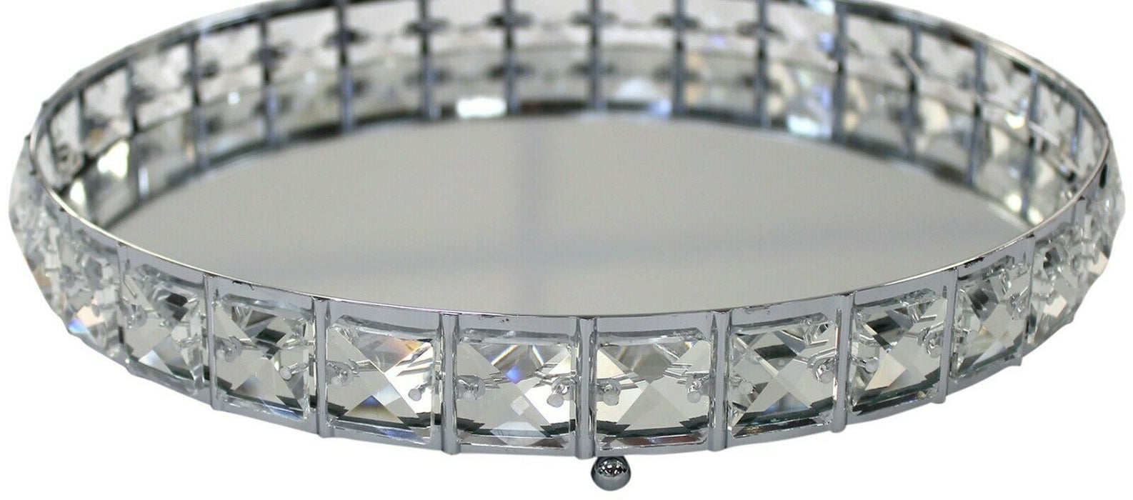 Large 26cm Round Silver & Crystal Tray With Mirror Tray Heavyweight Serving
