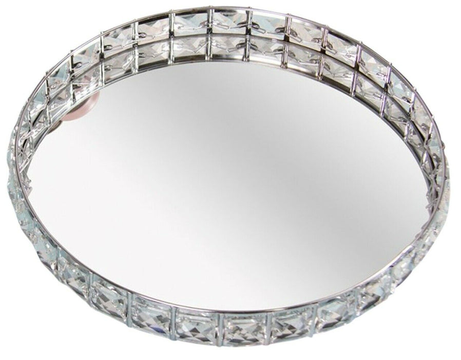 Large 26cm Round Silver & Crystal Tray With Mirror Tray Heavyweight Serving