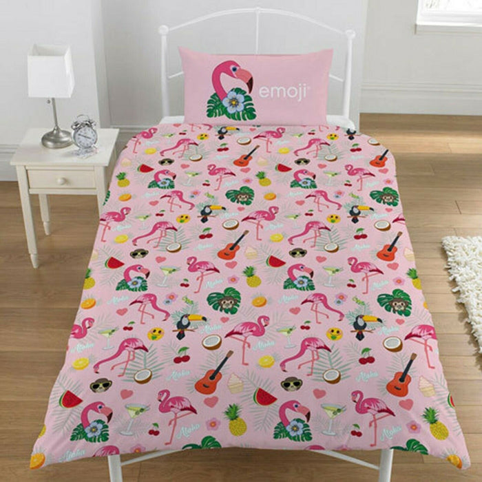 Duvet Cover Set Single Reversible Pink Children's Bedding Flamingo Emoji Design