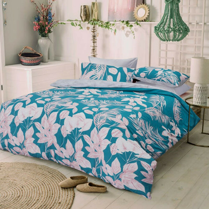 Duvet Set cover - King Size Cotton Bedset Turqoise Jungle Leaves Design Bedding