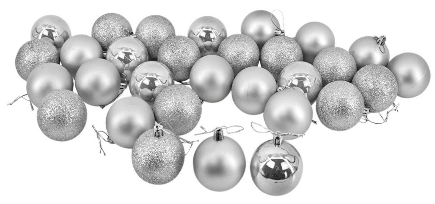 Pack of 36 Shatterproof Baubles, Silver | 6cm (2.36”) Large Outdoor / Indoor Christmas Decorations | Shiny, Matt & Glitter Hanging Xmas Tree Ornaments