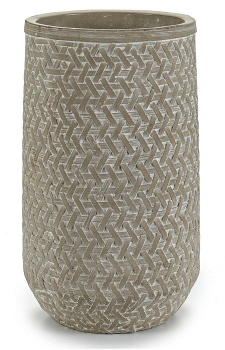 25cm Grey Cylinder Vase Cement Distressed Rattan Design Decorative Flower Vase