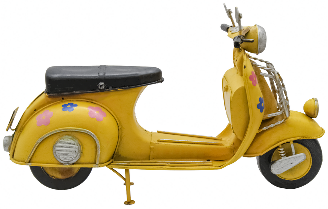 Vintage Style Scooter Self Ornament Metal Retro Yellow Vespa With Flower Design