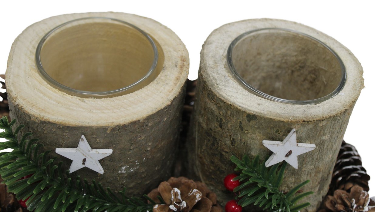 Large Pillar Candle Holder Real Wood With Christmas Berries & Cones Handmade