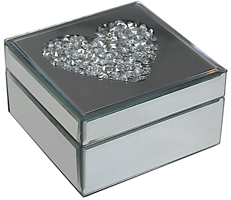 Heart Mirrored Jewellery Box Crushed Diamond Design Velvet Lined Interior 14cm