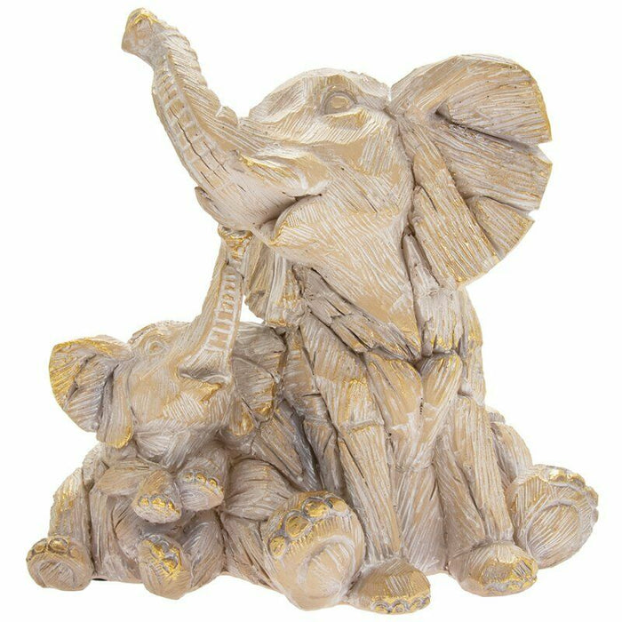 Brown Elephant & Baby Figurine Driftwood Sculpture Rustic Resin Animal Ornament