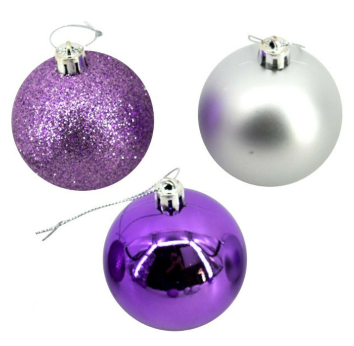 36 Piece Set of Shatterproof Silver & Purple Christmas Tree Baubles 6cm